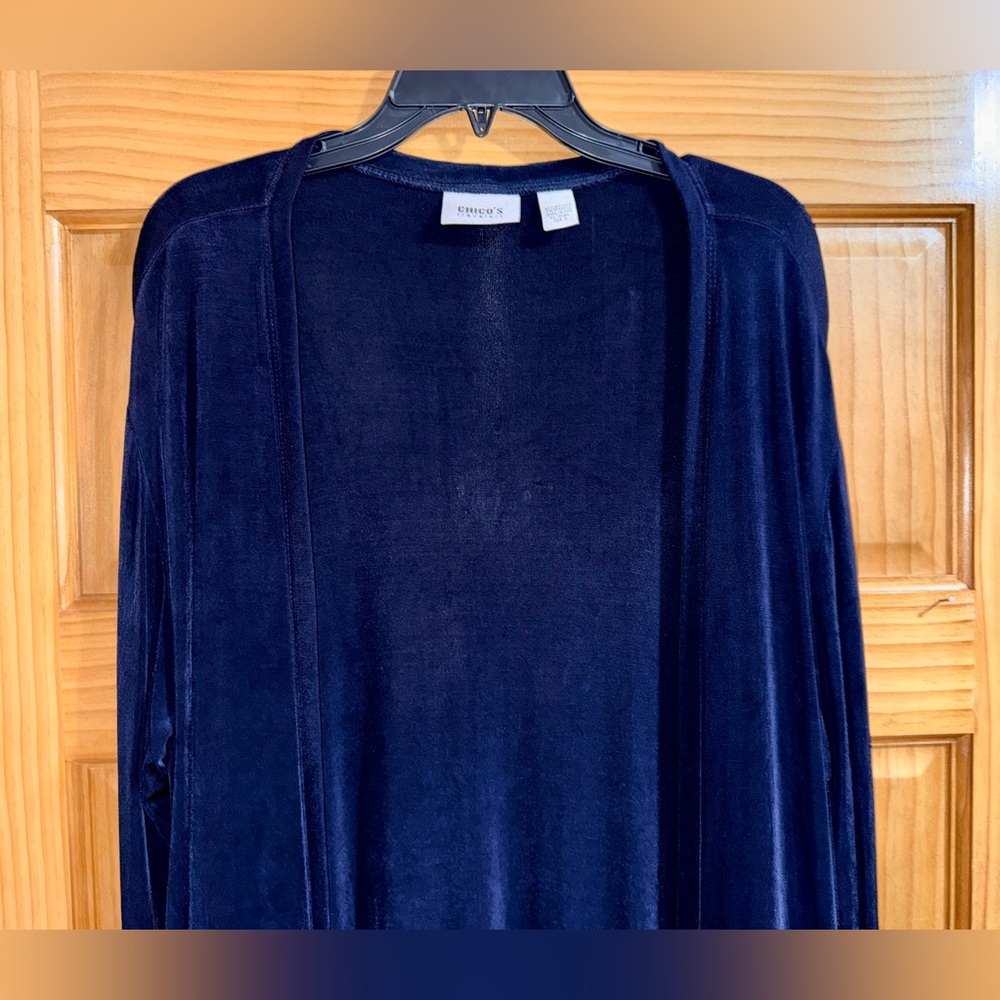 Chico's Traveler Women’s Deep Blue Lightweight Maxi Cardigan w/Side Slits-OS-EUC - Picture 4 of 10
